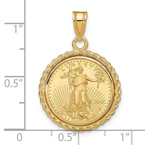 Wideband Distinguished Coin Jewelry 10k Polished with Casted Rope Mounted 1/10oz American Eagle Prong Coin Bezel Pendant
