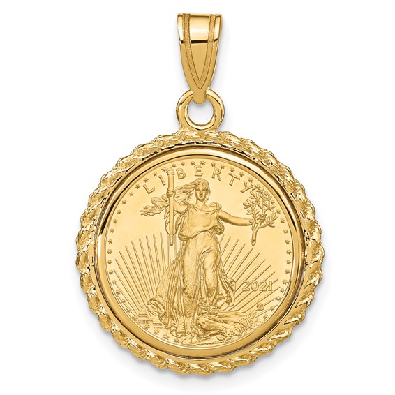 Wideband Distinguished Coin Jewelry 10k Polished with Casted Rope Mounted 1/10oz American Eagle Prong Coin Bezel Pendant