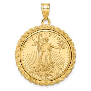 Wideband Distinguished Coin Jewelry 10k Polished with Casted Rope Mounted 1/4oz American Eagle Prong Coin Bezel Pendant