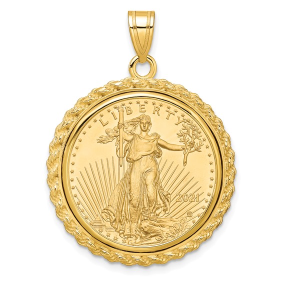 Wideband Distinguished Coin Jewelry 10k Polished with Casted Rope Mounted 1/4oz American Eagle Prong Coin Bezel Pendant