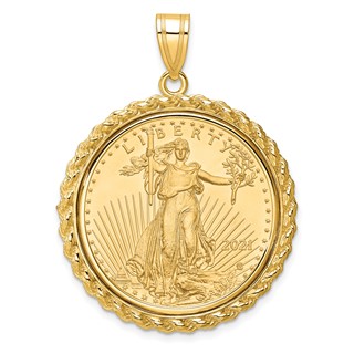 Wideband Distinguished Coin Jewelry 10k Polished with Casted Rope Mounted 1/2oz American Eagle Prong Coin Bezel Pendant