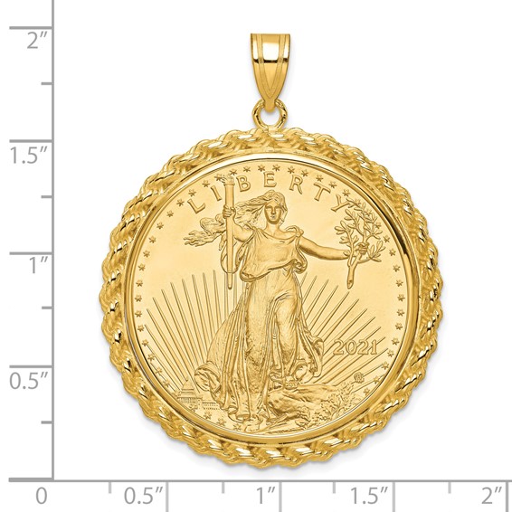 Wideband Distinguished Coin Jewelry 10k Polished with Casted Rope Mounted 1oz American Eagle Prong Coin Bezel Pendant