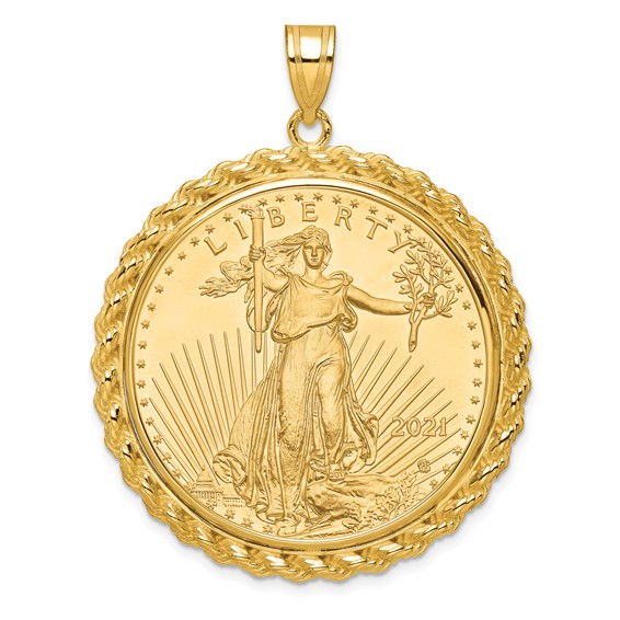 Wideband Distinguished Coin Jewelry 10k Polished with Casted Rope Mounted 1oz American Eagle Prong Coin Bezel Pendant
