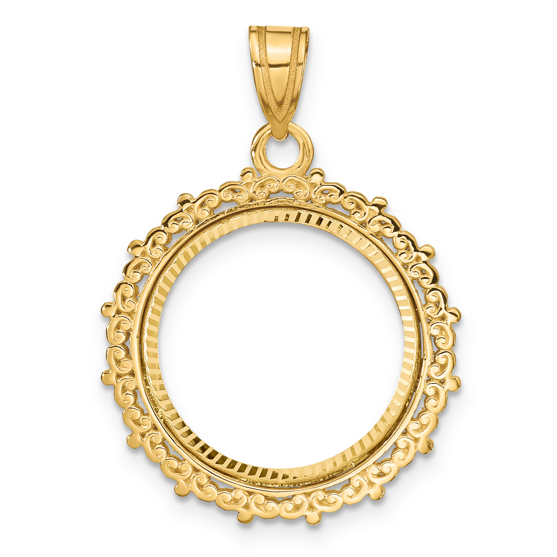 Wideband Distinguished Coin Jewelry 14k Polished and Diamond-cut Fancy 16.5mm Prong Coin Bezel Pendant (C8187D/16.5)