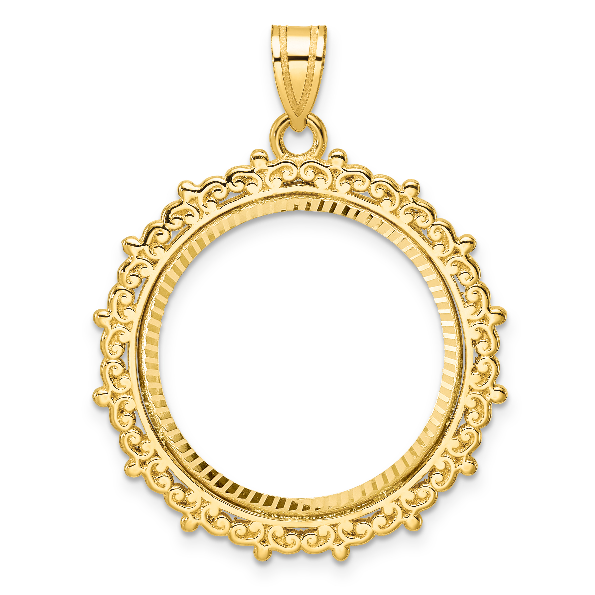 Wideband Distinguished Coin Jewelry 14k Polished and Diamond-cut Fancy 22.0mm Prong Coin Bezel Pendant (C8188/22.0)