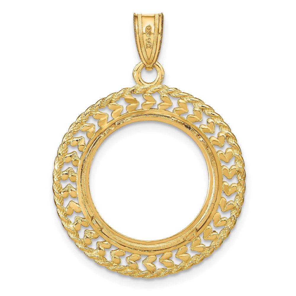 Wideband Distinguished Coin Jewelry 14k Polished and Diamond-cut Heart and Rope 16.5mm Prong Coin Bezel Pendant (C8189D/16.5)