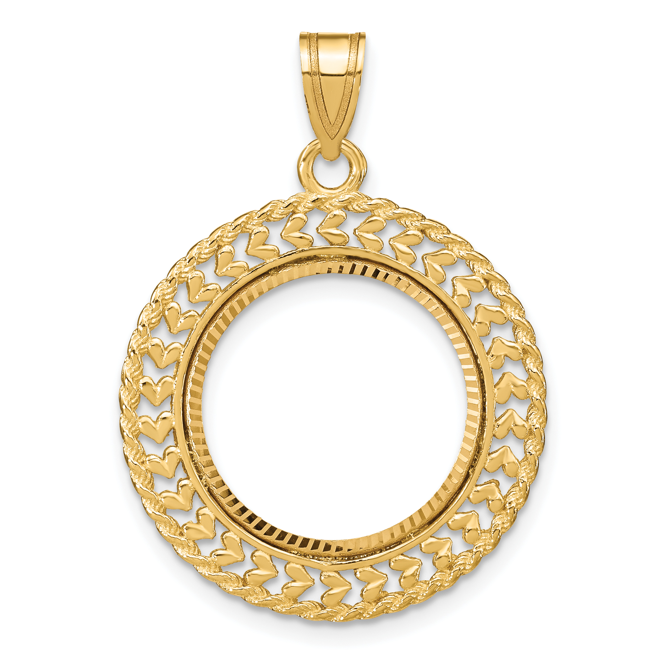 Wideband Distinguished Coin Jewelry 14k Polished and Diamond-cut Heart and Rope 16.5mm Prong Coin Bezel Pendant (C8189/16.5)
