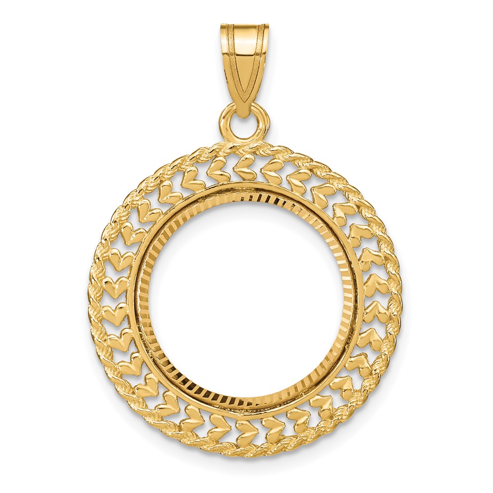 Wideband Distinguished Coin Jewelry 14k Polished and Diamond-cut Heart and Rope 16.5mm Prong Coin Bezel Pendant (C8189/16.5)