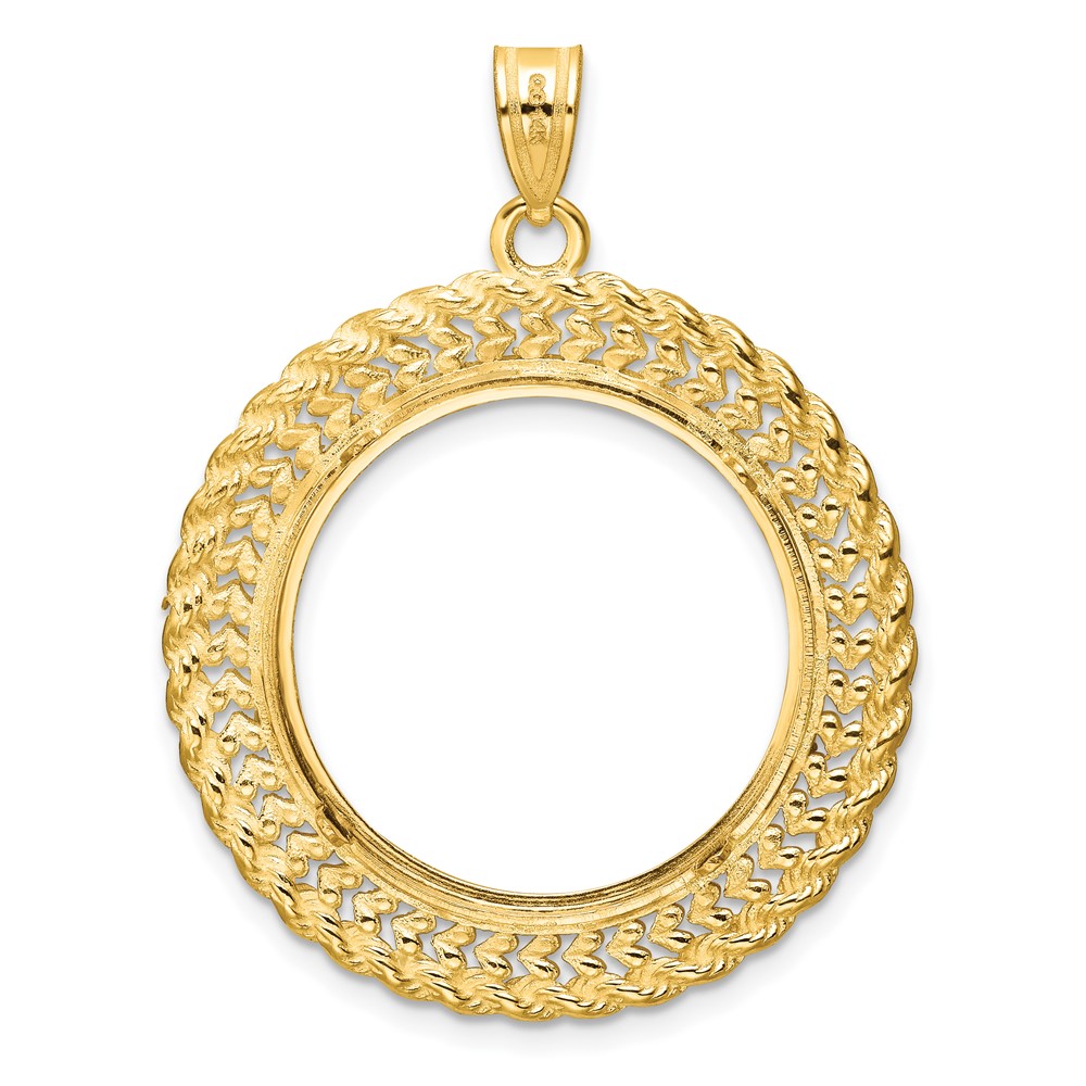 Wideband Distinguished Coin Jewelry 14k Polished and Diamond-cut Heart and Rope 22.0mm Prong Coin Bezel Pendant (C8189/22.0)
