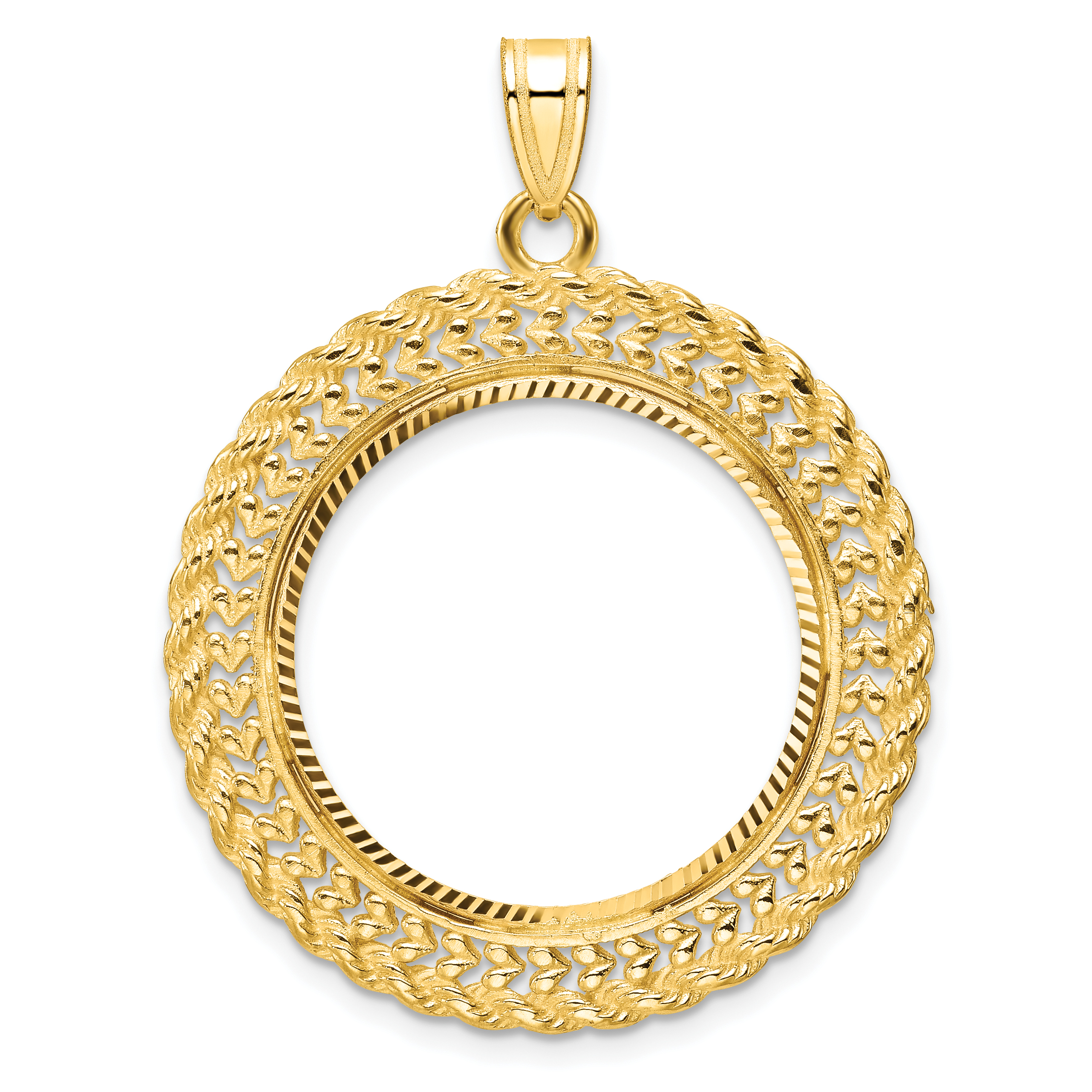 Wideband Distinguished Coin Jewelry 14k Polished and Diamond-cut Heart and Rope 22.0mm Prong Coin Bezel Pendant (C8189/22.0)