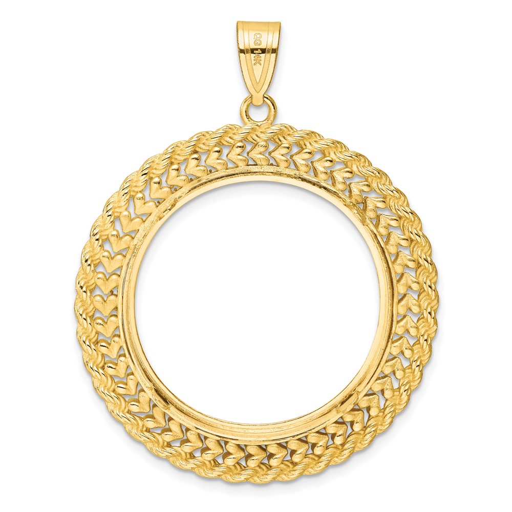 Wideband Distinguished Coin Jewelry 14k Polished and Diamond-cut Heart and Rope 27.0mm Prong Coin Bezel Pendant (C8189/27.0)