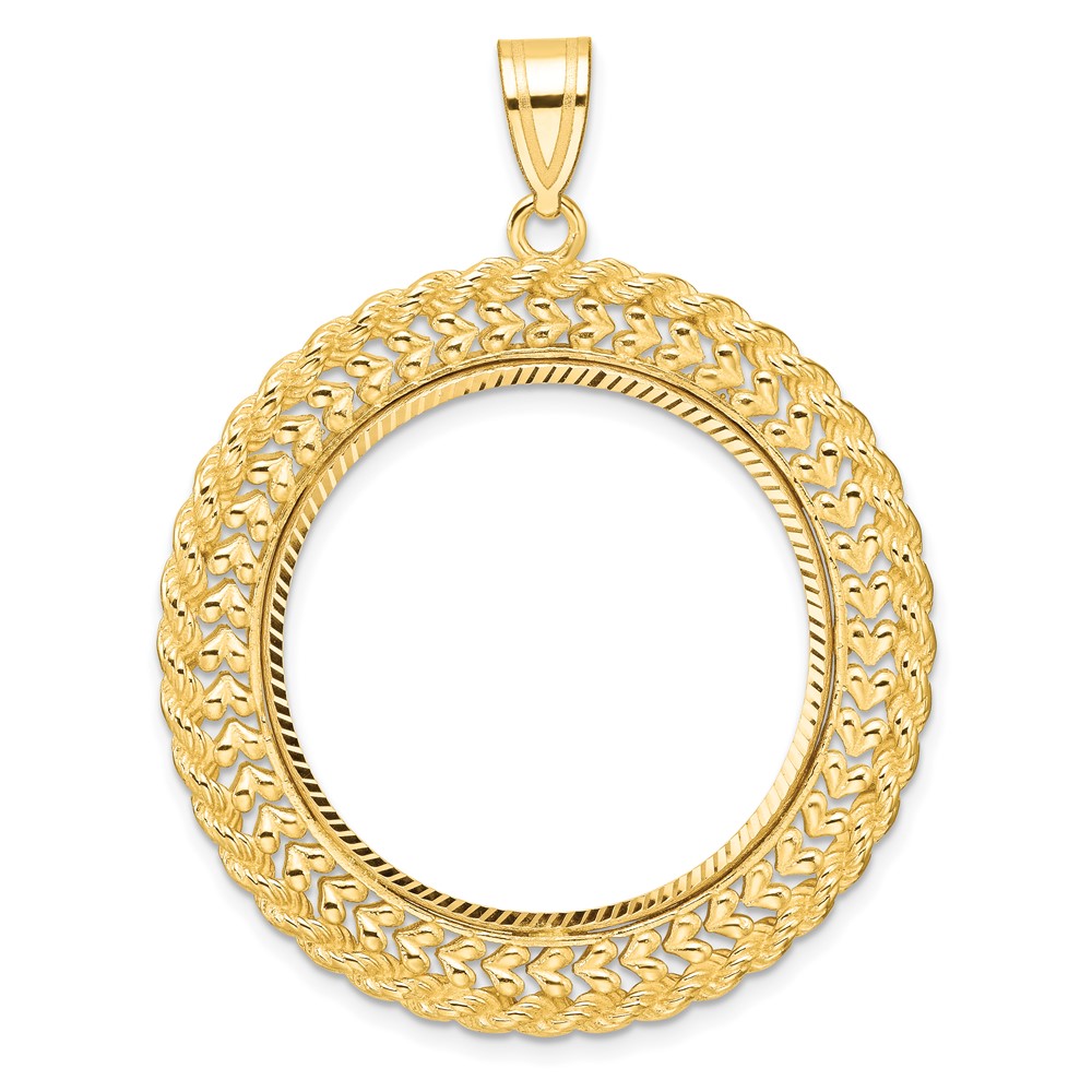 Wideband Distinguished Coin Jewelry 14k Polished and Diamond-cut Heart and Rope 27.0mm Prong Coin Bezel Pendant (C8189/27.0)