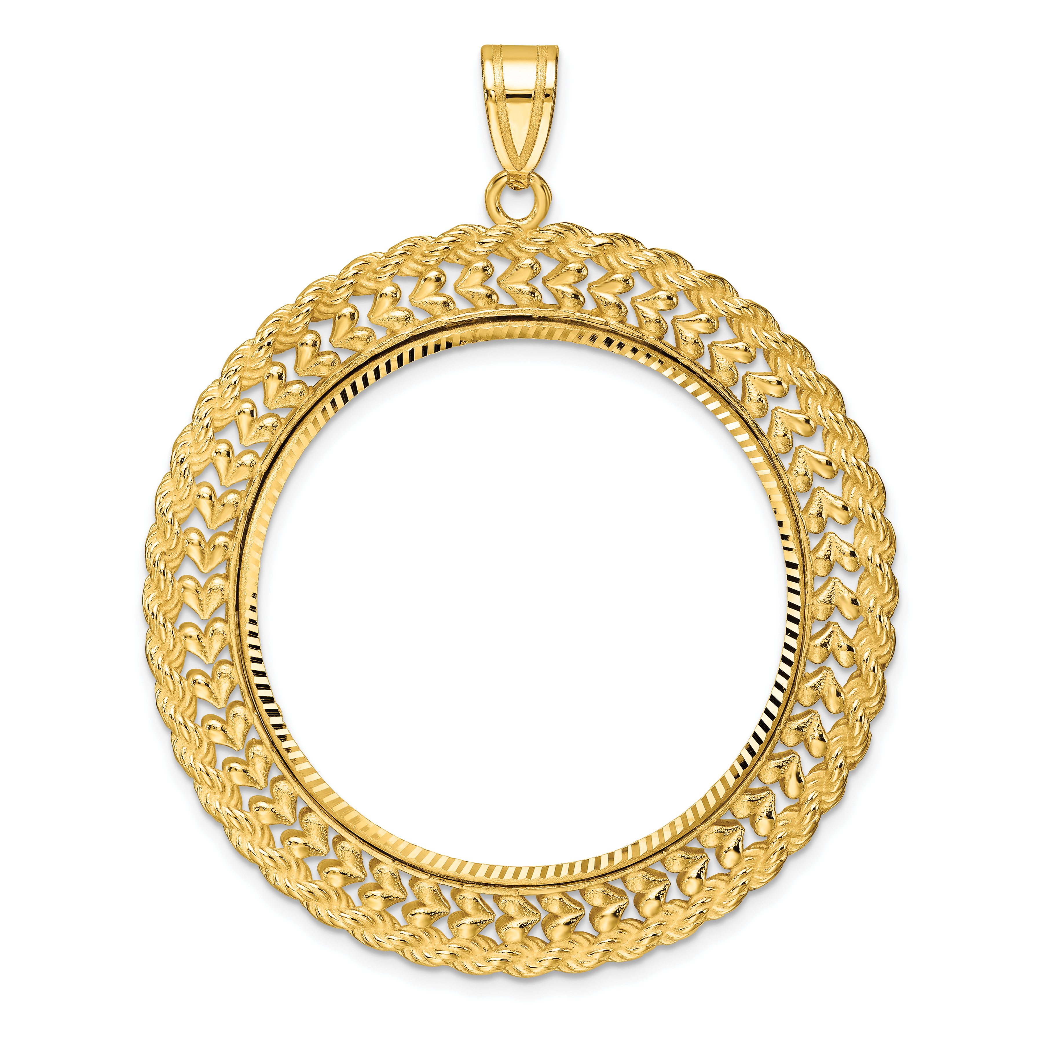 Wideband Distinguished Coin Jewelry 14k Polished and Diamond-cut Heart and Rope 32.7mm Prong Coin Bezel Pendant (C8189/32.7)