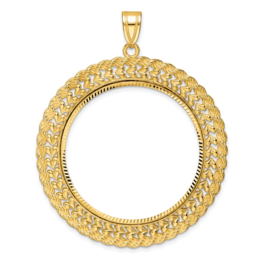 Wideband Distinguished Coin Jewelry 14k Polished and Diamond-cut Heart and Rope 32.7mm Prong Coin Bezel Pendant (C8189/32.7)