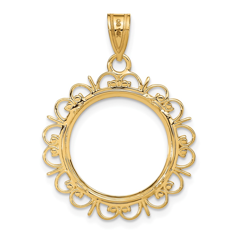 Wideband Distinguished Coin Jewelry 14k Polished and Diamond-cut Fancy 16.5mm Prong Coin Bezel Pendant (C8198/16.5)