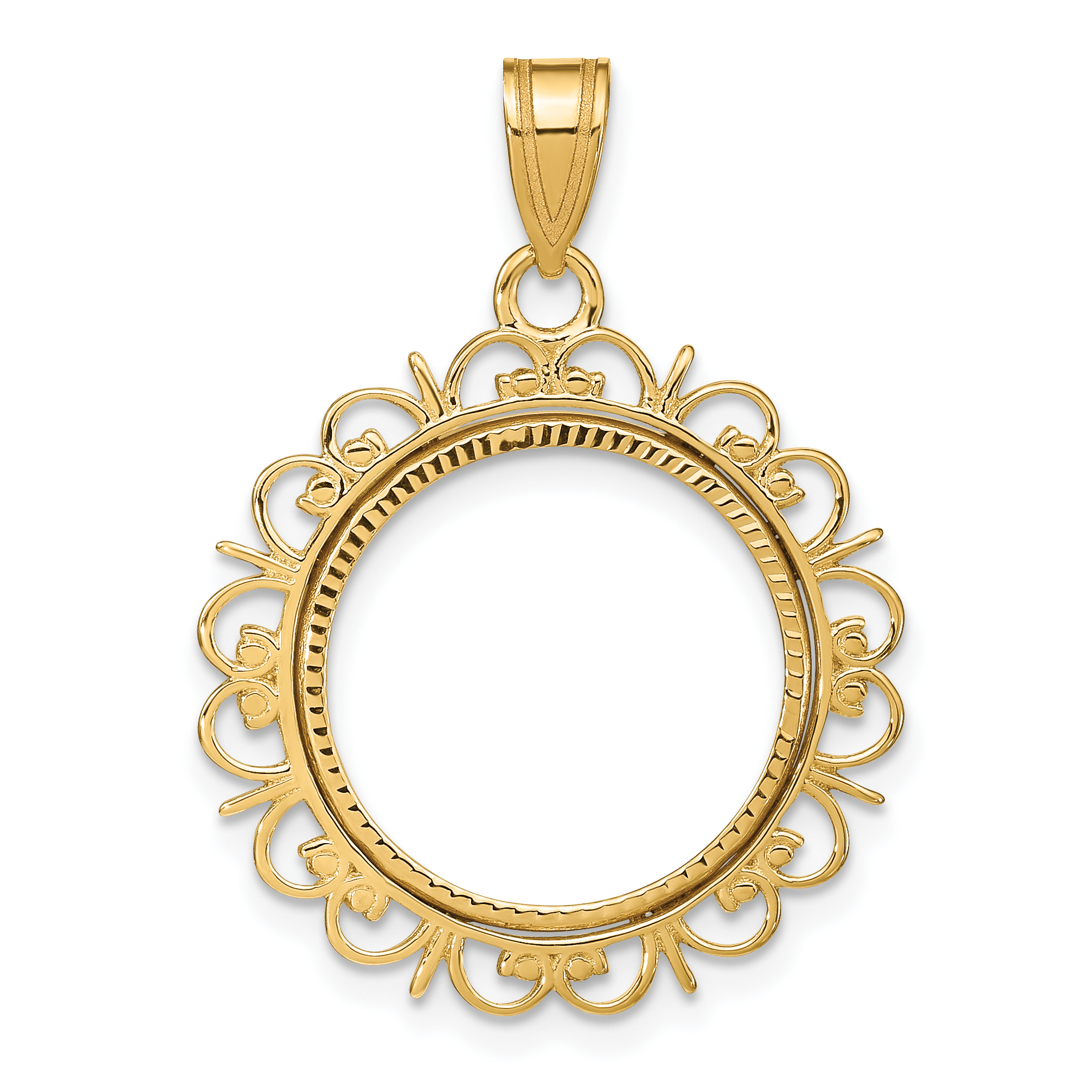 Wideband Distinguished Coin Jewelry 14k Polished and Diamond-cut Fancy 16.5mm Prong Coin Bezel Pendant (C8198/16.5)