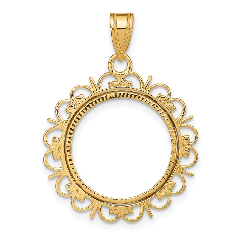 Wideband Distinguished Coin Jewelry 14k Polished and Diamond-cut Fancy 16.5mm Prong Coin Bezel Pendant (C8198/16.5)