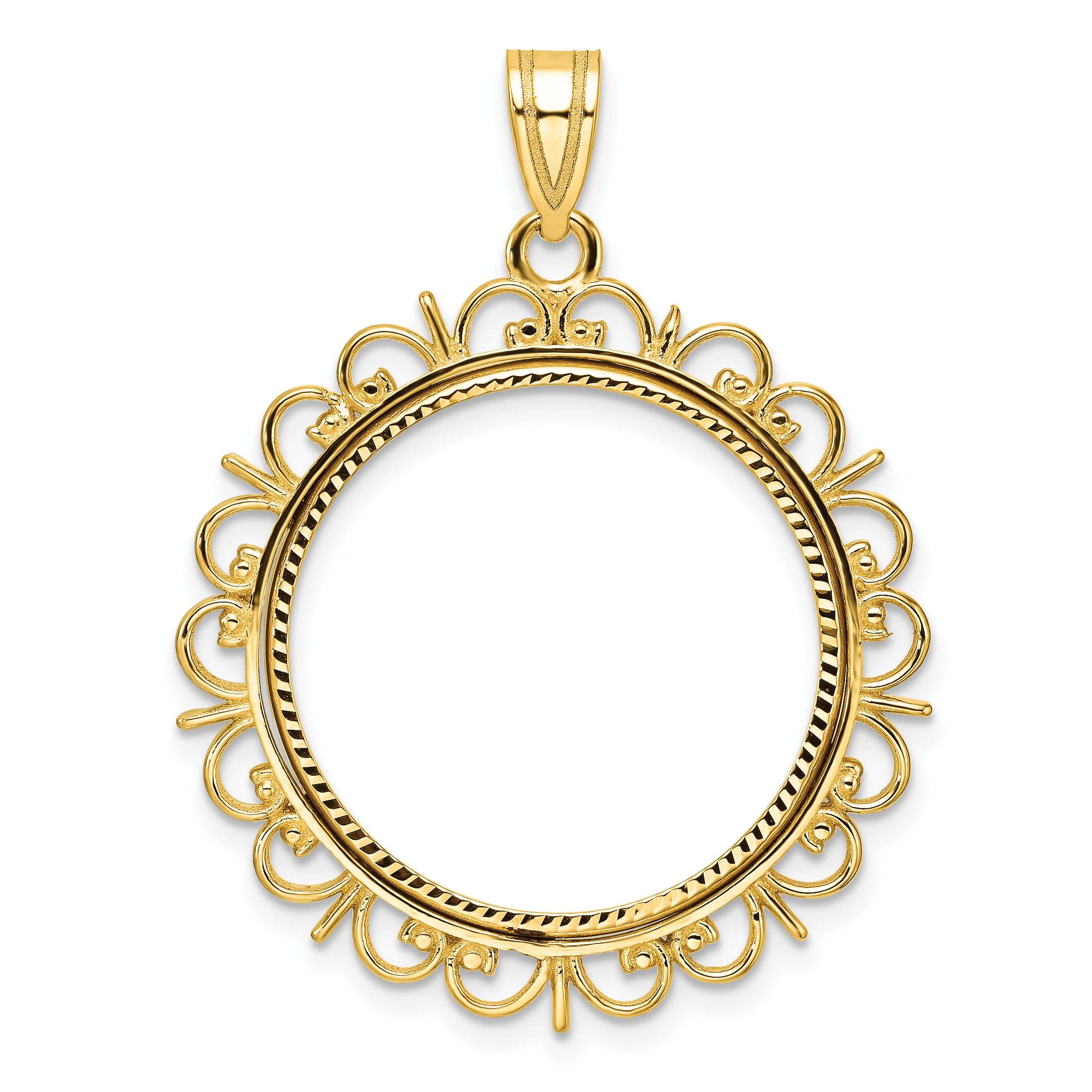 Wideband Distinguished Coin Jewelry 14k Polished and Diamond-cut Fancy 22.0mm Prong Coin Bezel Pendant (C8198/22.0)