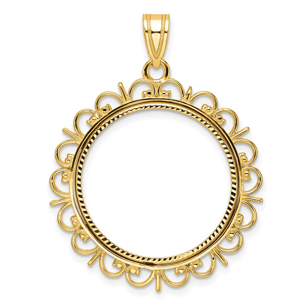 Wideband Distinguished Coin Jewelry 14k Polished and Diamond-cut Fancy 22.0mm Prong Coin Bezel Pendant (C8198/22.0)