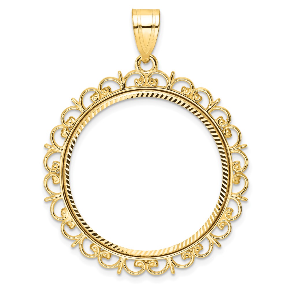 Wideband Distinguished Coin Jewelry 14k Polished and Diamond-cut Fancy 27.0mm Prong Coin Bezel Pendant (C8190D/27.0)