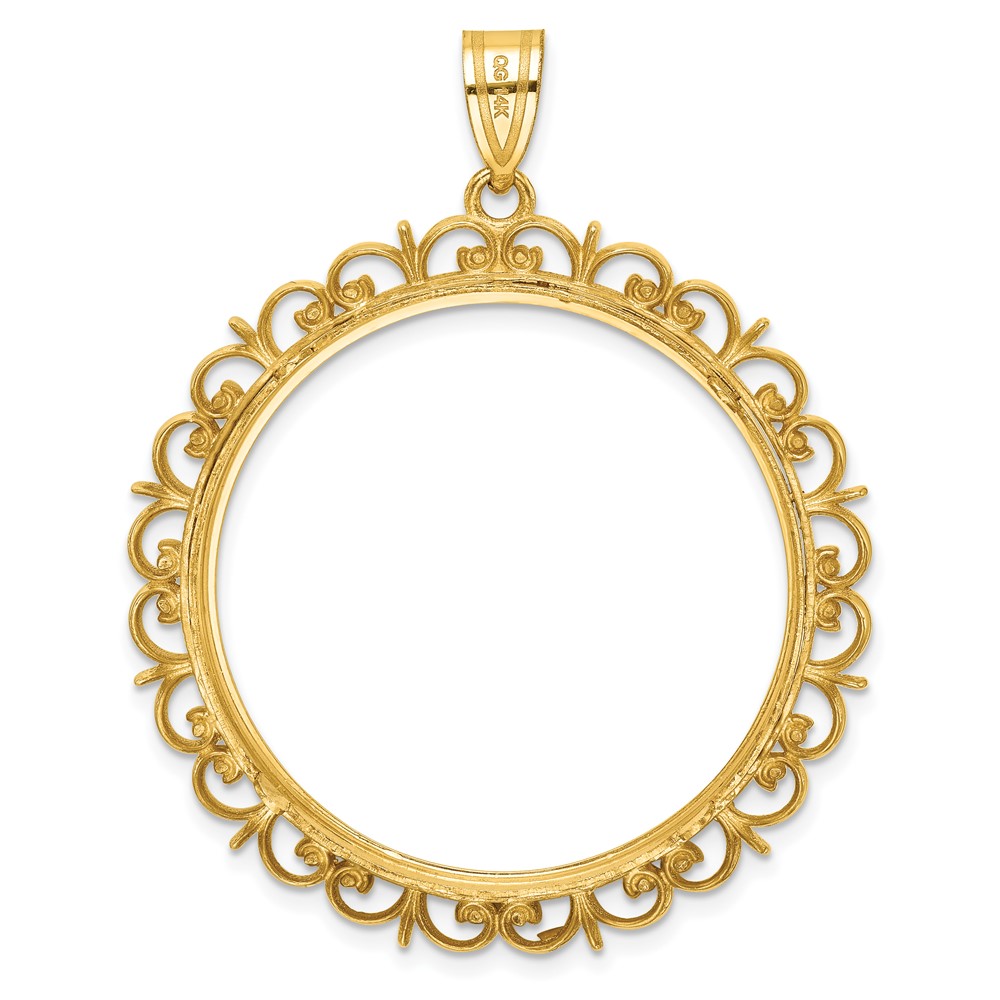 Wideband Distinguished Coin Jewelry 14k Polished and Diamond-cut Fancy 32.7mm Prong Coin Bezel Pendant (C8198/32.7)