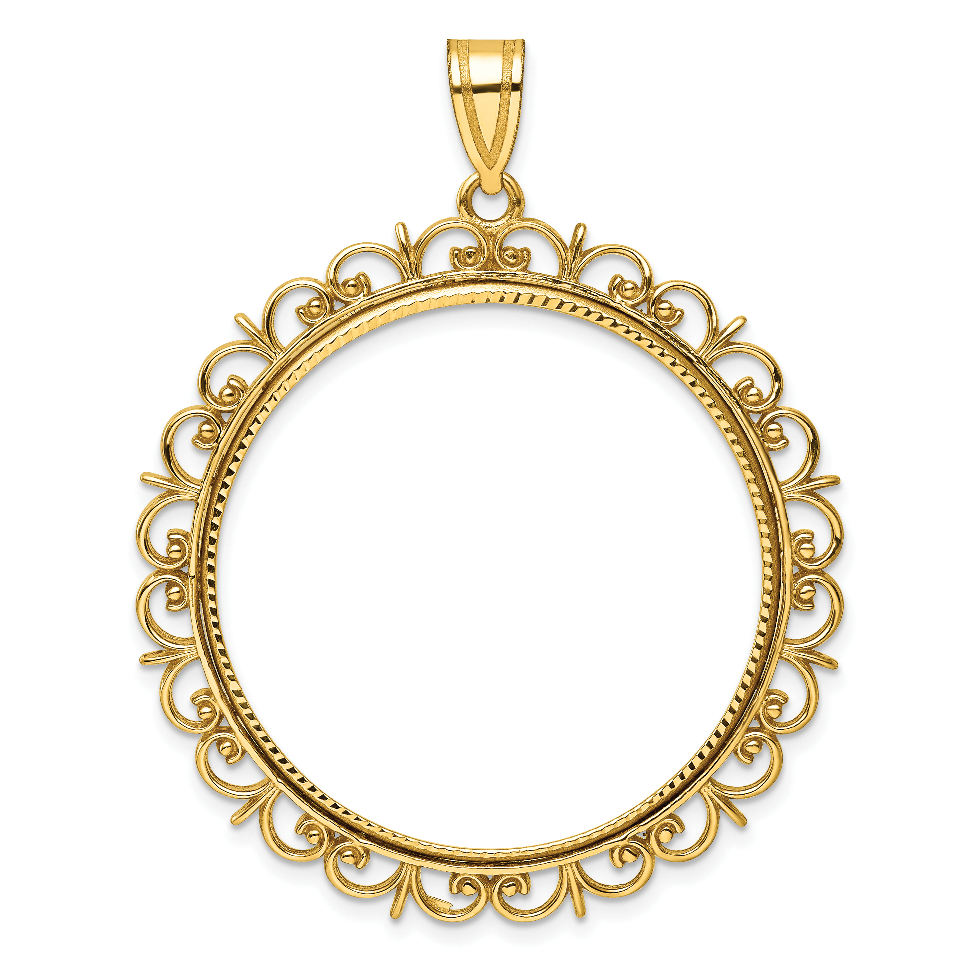 Wideband Distinguished Coin Jewelry 14k Polished and Diamond-cut Fancy 32.7mm Prong Coin Bezel Pendant (C8198/32.7)