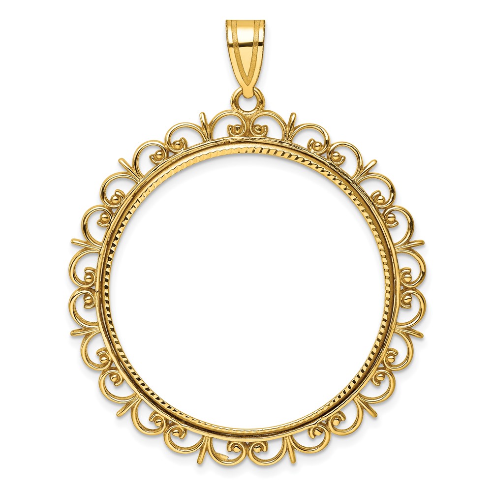 Wideband Distinguished Coin Jewelry 14k Polished and Diamond-cut Fancy 32.7mm Prong Coin Bezel Pendant (C8198/32.7)