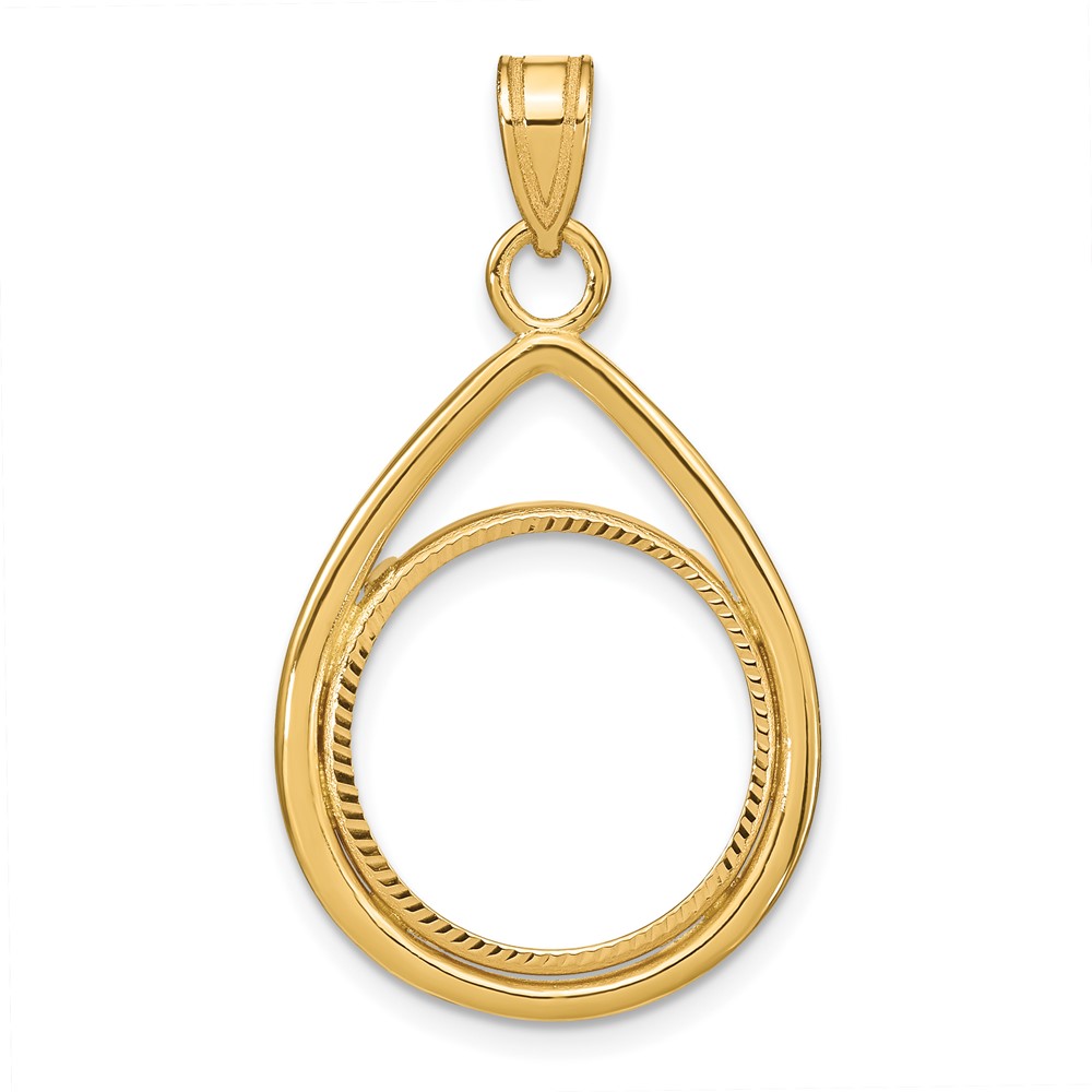 Wideband Distinguished Coin Jewelry 14k Polished and Diamond-cut Lightweight Teardrop 16.5mm Prong Coin Bezel Pendant (C8192/16.5)