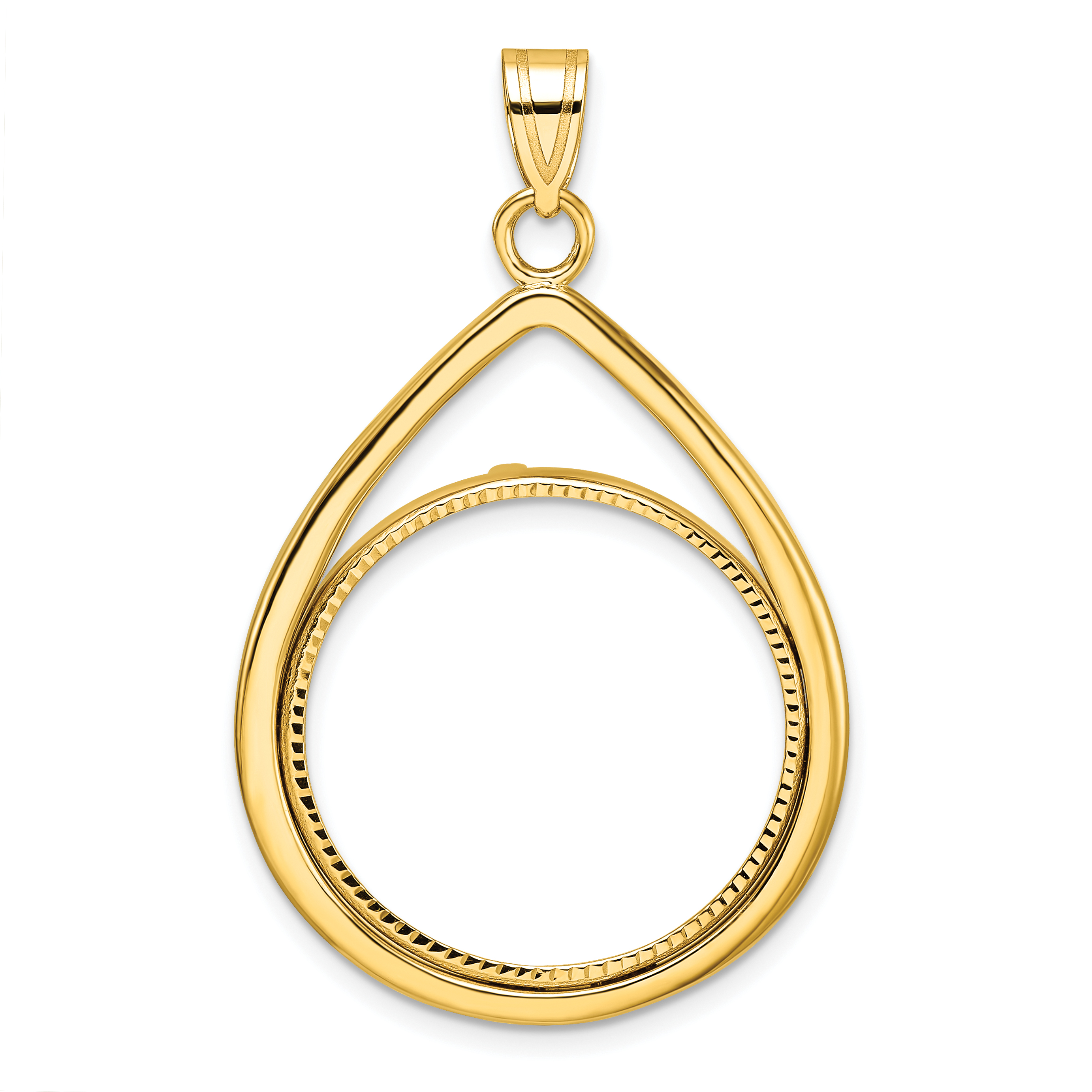 Wideband Distinguished Coin Jewelry 14k Polished and Diamond-cut Lightweight Teardrop 22.0mm Prong Coin Bezel Pendant (C8191D/22.0)