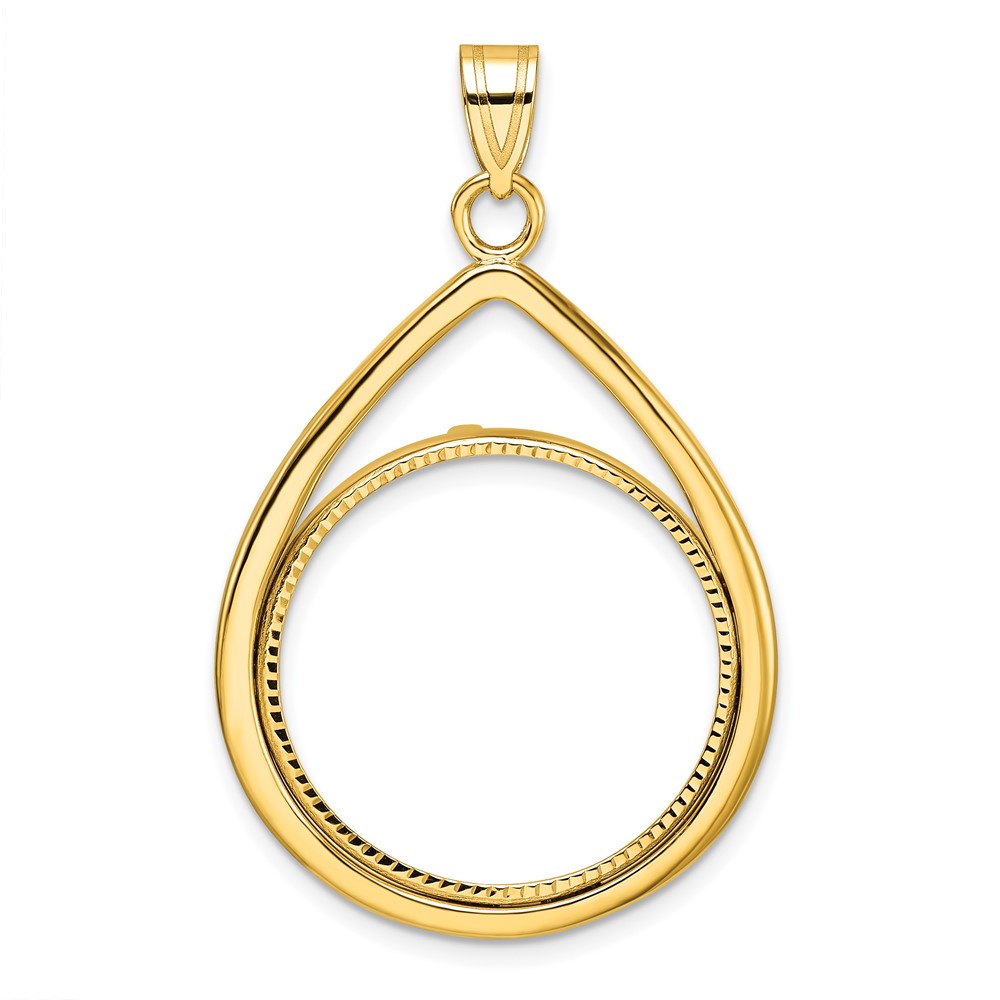Wideband Distinguished Coin Jewelry 14k Polished and Diamond-cut Lightweight Teardrop 22.0mm Prong Coin Bezel Pendant (C8191D/22.0)