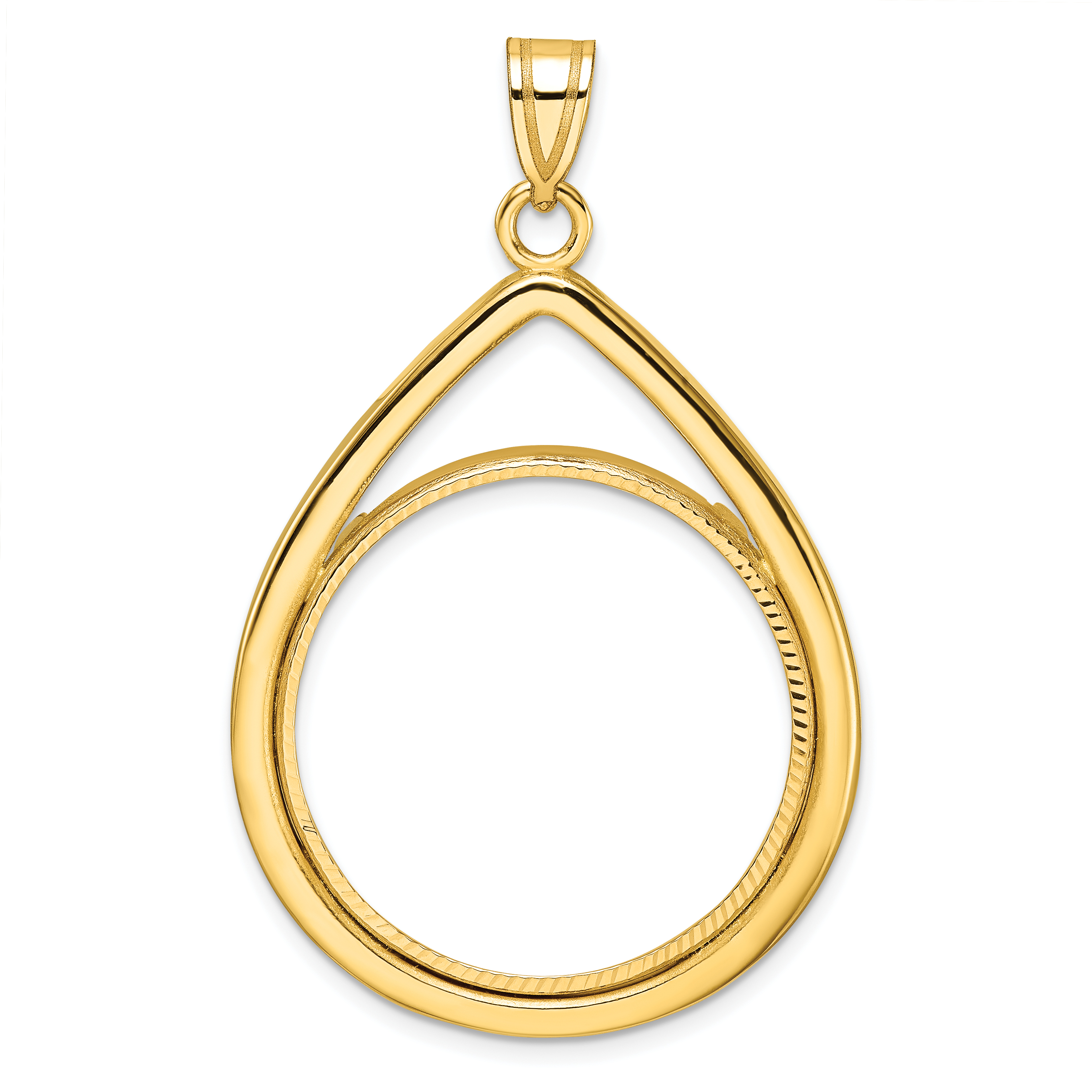 Wideband Distinguished Coin Jewelry 14k Polished and Diamond-cut Lightweight Teardrop 27.0mm Prong Coin Bezel Pendant (C8192/27.0)