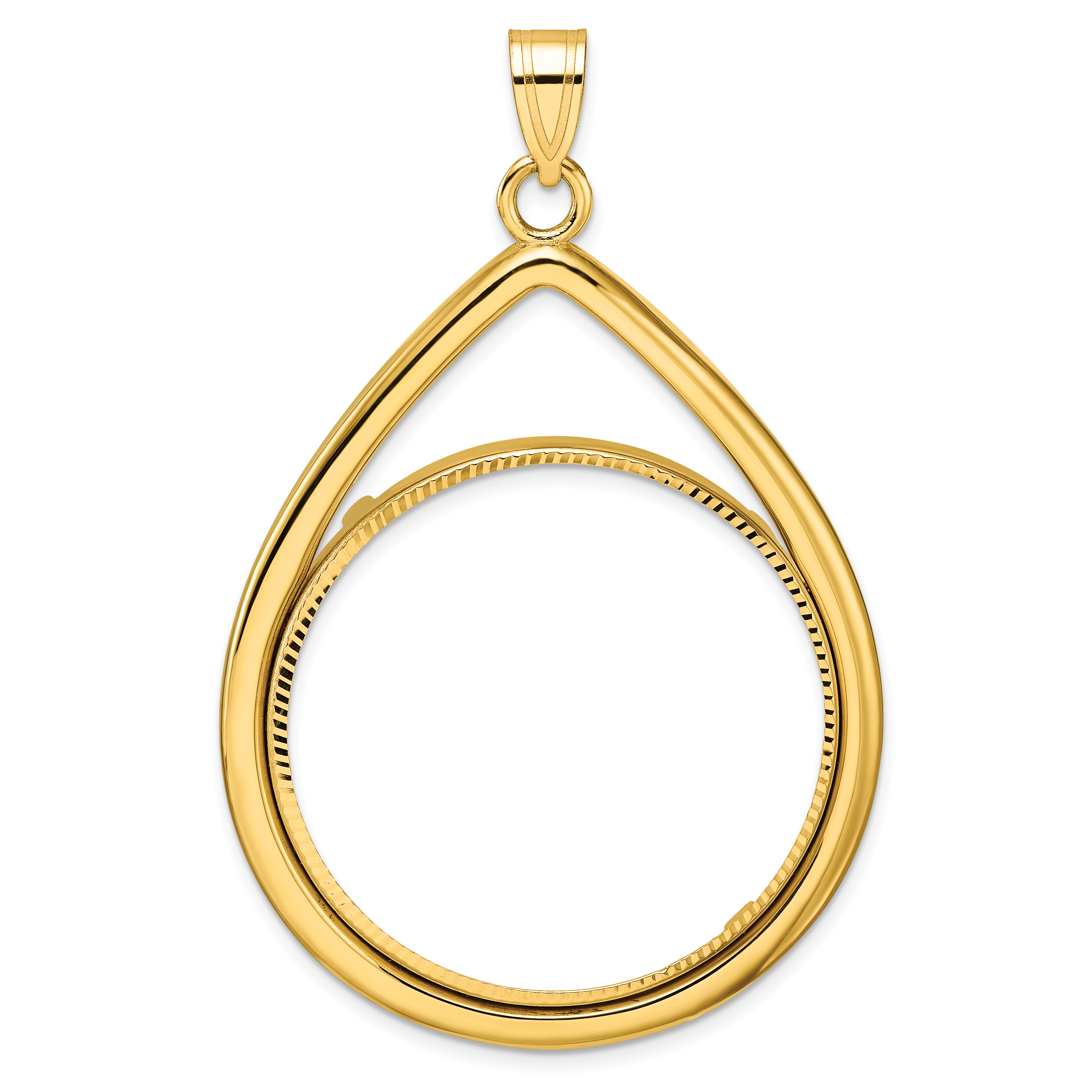 Wideband Distinguished Coin Jewelry 14k Polished and Diamond-cut Lightweight Teardrop 32.7mm Prong Coin Bezel Pendant (C8191D/32.7)