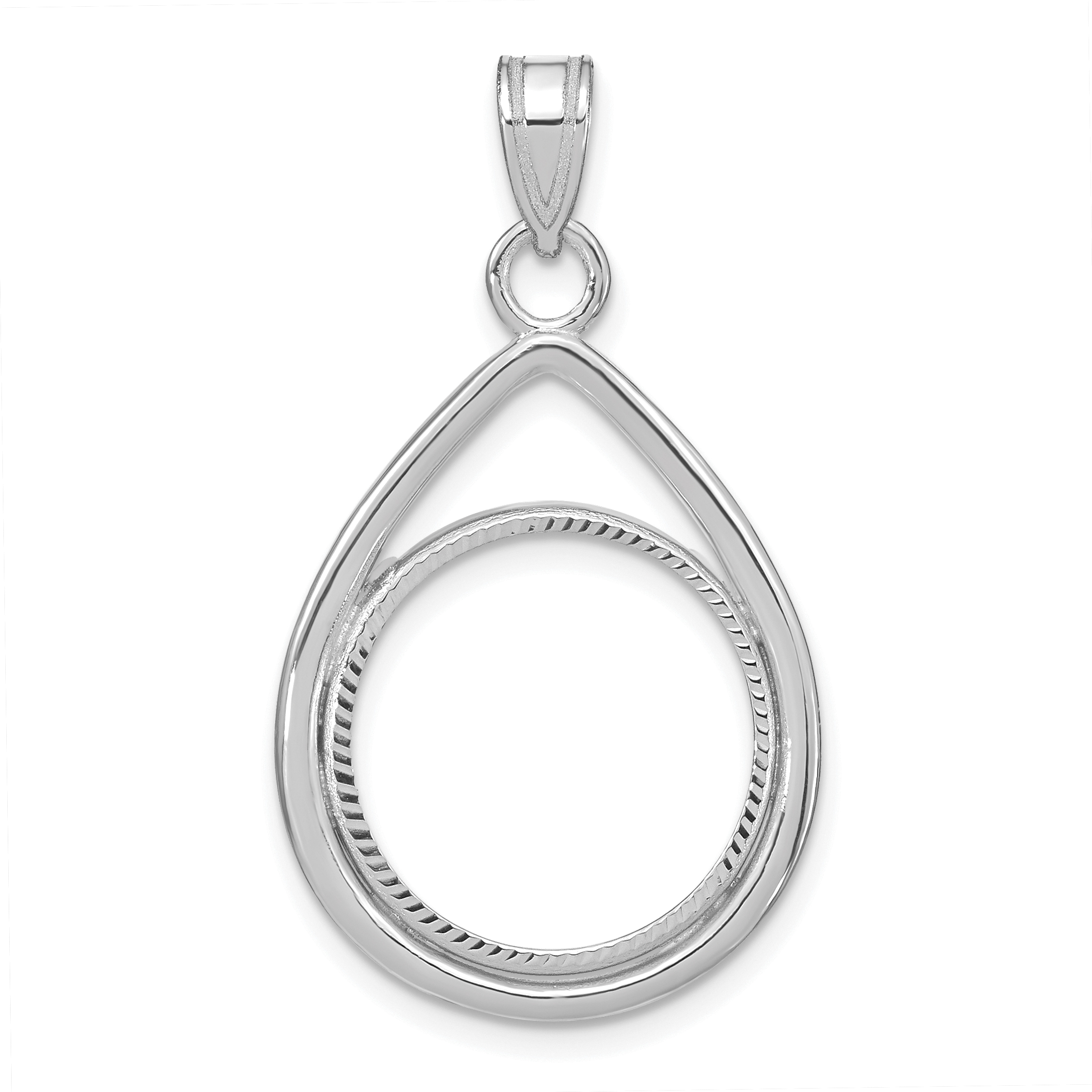 Wideband Distinguished Coin Jewelry 14k White Gold Polished and Diamond-cut Teardrop 16.5mm Prong Coin Bezel Pendant (C8192W/16.5)