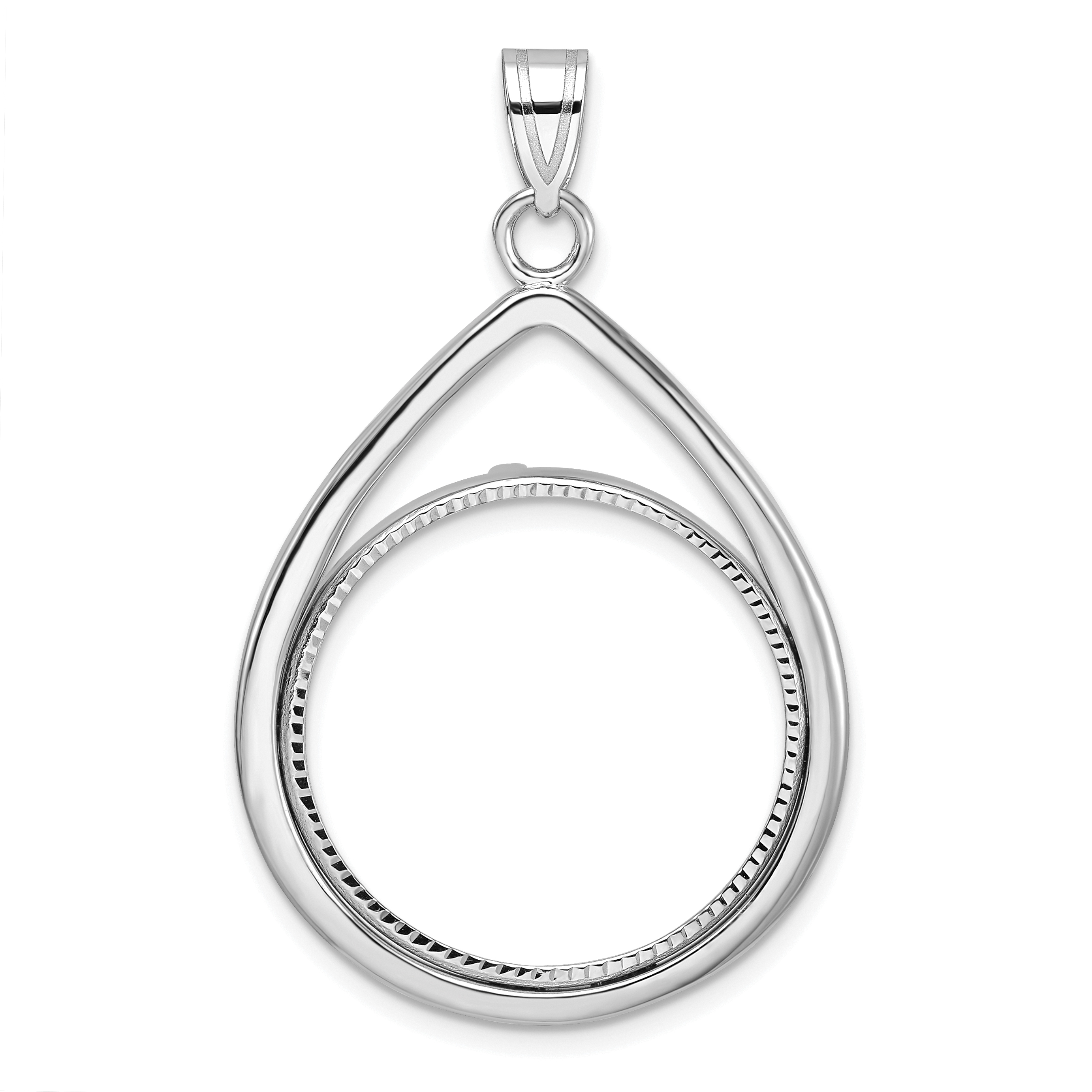 Wideband Distinguished Coin Jewelry 14k White Gold Polished and Diamond-cut Teardrop 22.0mm Prong Coin Bezel Pendant (C8192W/22.0)