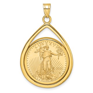 Wideband Distinguished Coin Jewelry 10k Polished Lightweight Teardrop Mounted 1/4oz American Eagle Prong Coin Bezel Pendant