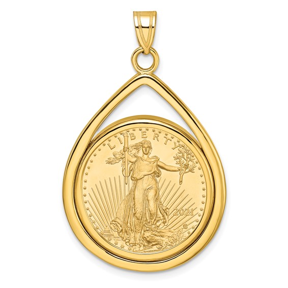 Wideband Distinguished Coin Jewelry 10k Polished Lightweight Teardrop Mounted 1/4oz American Eagle Prong Coin Bezel Pendant