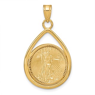 Wideband Distinguished Coin Jewelry 10k Polished and Diamond-cut Lightweight Teardrop Mounted 1/10oz American Eagle Prong Coin Bezel Pendant