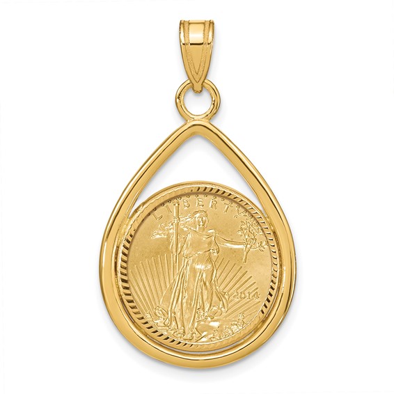 Wideband Distinguished Coin Jewelry 10k Polished and Diamond-cut Lightweight Teardrop Mounted 1/10oz American Eagle Prong Coin Bezel Pendant