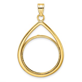 Wideband Distinguished Coin Jewelry 10k Polished and Diamond-cut Lightweight Teardrop 22.0mm Prong Coin Bezel Pendant