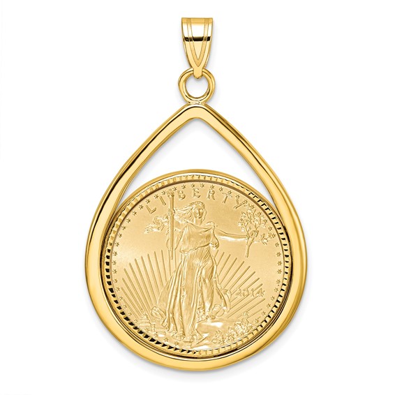 Wideband Distinguished Coin Jewelry 10k Polished and Diamond-cut Lightweight Teardrop Mounted 1/4oz American Eagle Prong Coin Bezel Pendant