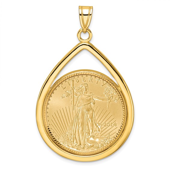 Wideband Distinguished Coin Jewelry 10k Polished and Diamond-cut Lightweight Teardrop Mounted 1/2oz American Eagle Prong Coin Bezel Pendant