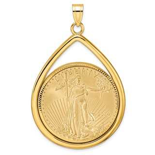 Wideband Distinguished Coin Jewelry 10k Polished and Diamond-cut Lightweight Teardrop Mounted 1oz American Eagle Prong Coin Bezel Pendant