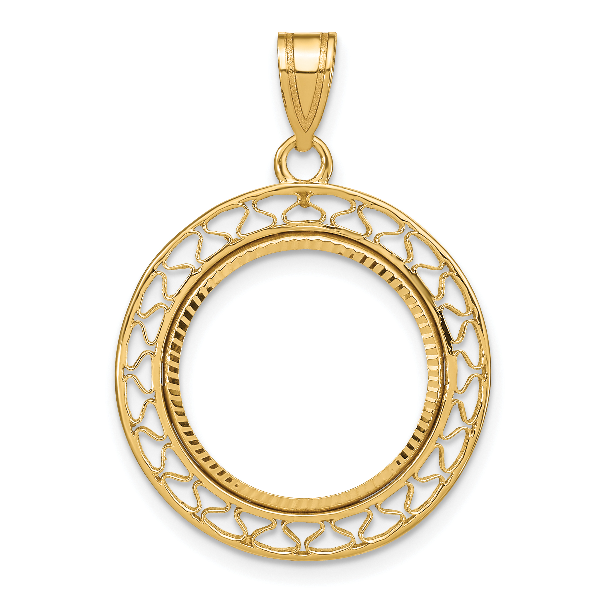 Wideband Distinguished Coin Jewelry 14k Polished and Diamond-cut Fancy Wire 16.5mm Prong Coin Bezel Pendant (C8193D/16.5)