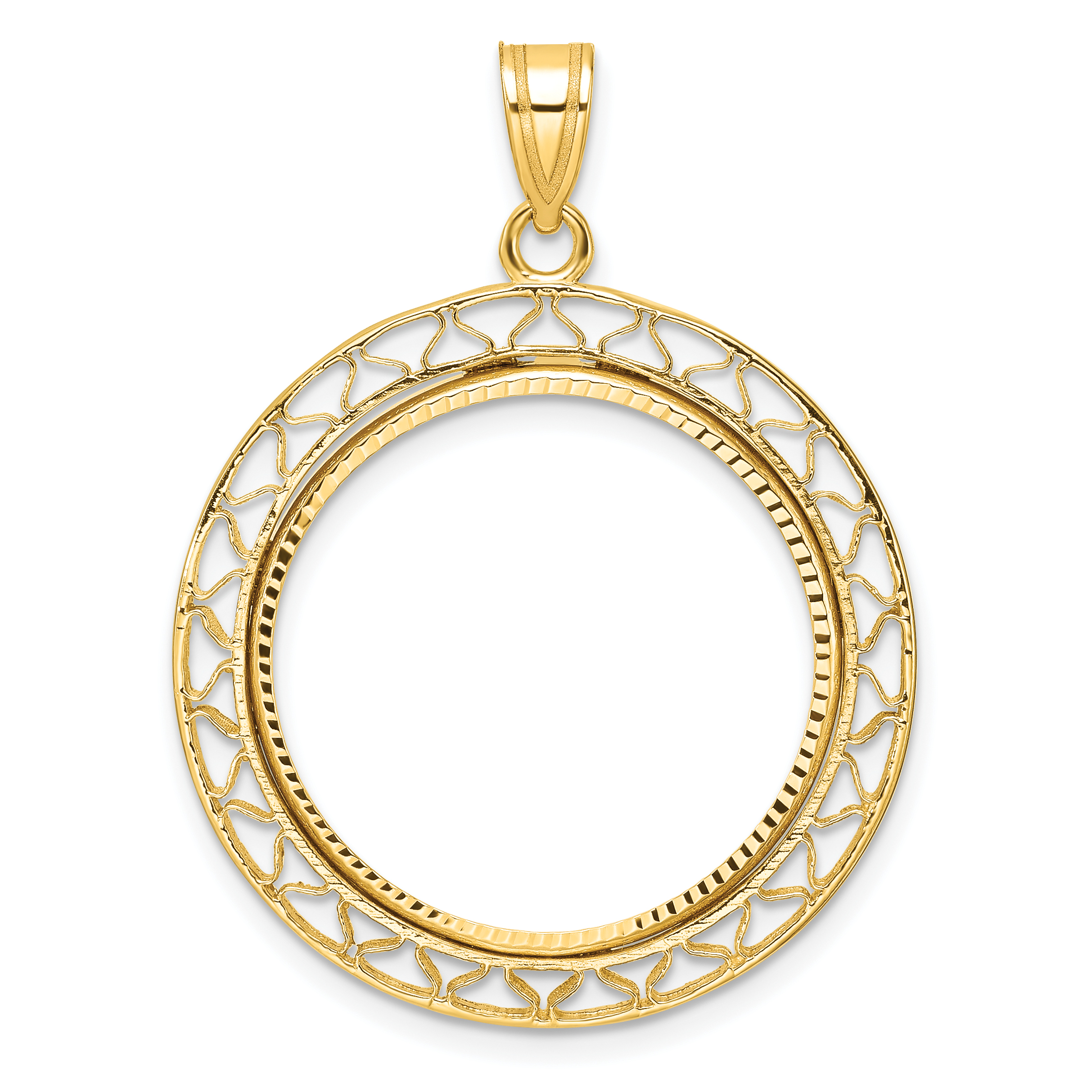 Wideband Distinguished Coin Jewelry 14k Polished and Diamond-cut Fancy Wire 22.0mm Prong Coin Bezel Pendant (C8194/22.0)