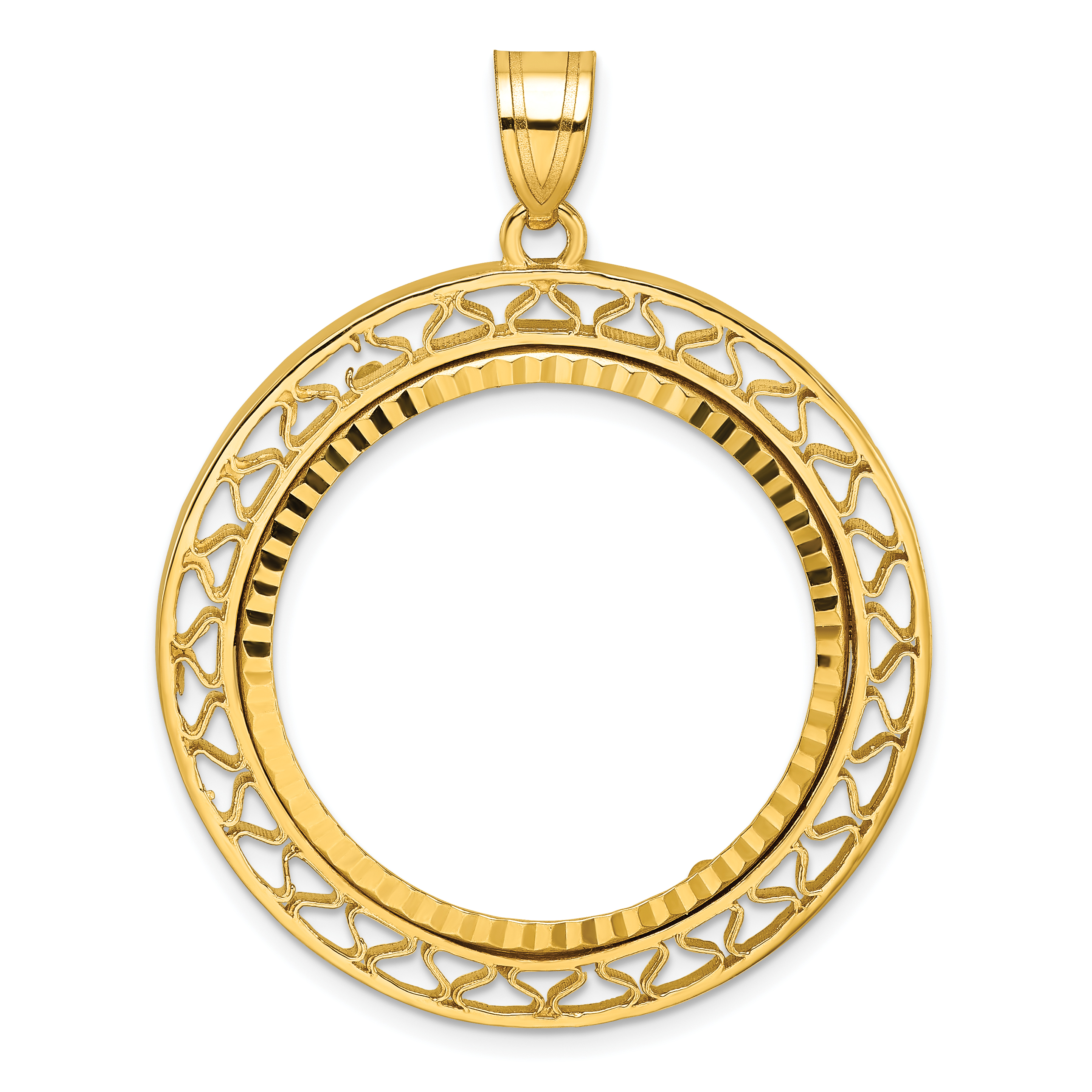 Wideband Distinguished Coin Jewelry 14k Polished and Diamond-cut Fancy Wire 27.0mm Prong Coin Bezel Pendant (C8193D/27.0)