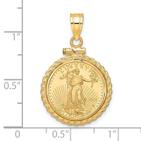 Wideband Distinguished Coin Jewelry 10k Polished Casted Rope Mounted 1/10oz American Eagle Screw Top Coin Bezel Pendant