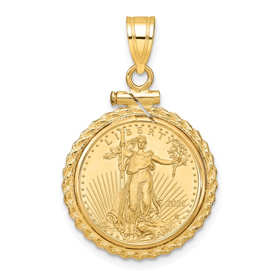 Wideband Distinguished Coin Jewelry 10k Polished Casted Rope Mounted 1/10oz American Eagle Screw Top Coin Bezel Pendant