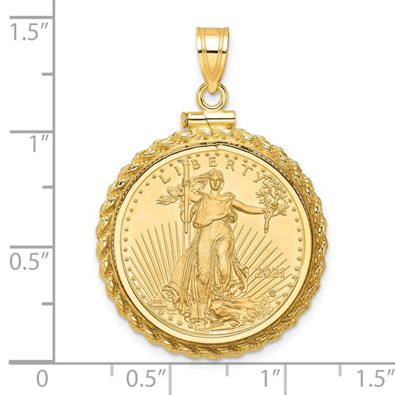 Wideband Distinguished Coin Jewelry 10k Polished Casted Rope Mounted 1/4oz American Eagle Screw Top Coin Bezel Pendant