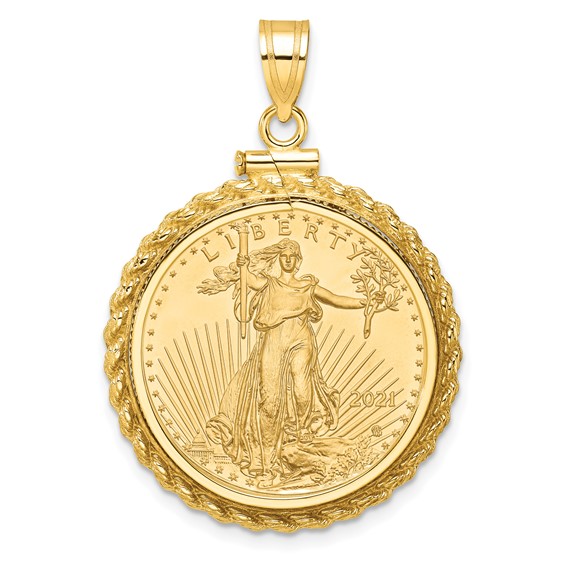 Wideband Distinguished Coin Jewelry 10k Polished Casted Rope Mounted 1/4oz American Eagle Screw Top Coin Bezel Pendant