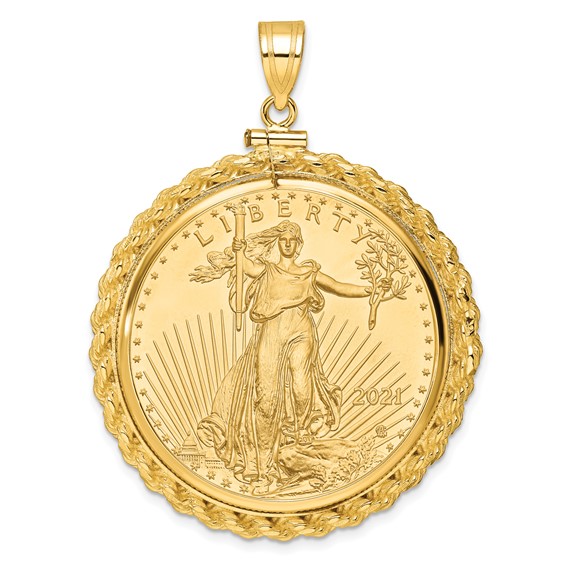 Wideband Distinguished Coin Jewelry 10k Polished Casted Rope Mounted 1oz American Eagle Screw Top Coin Bezel Pendant